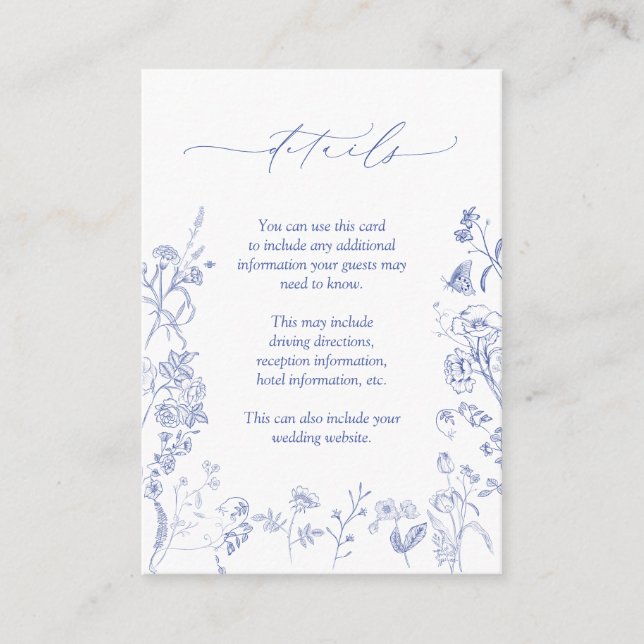 Chinoiserie French Blue Floral Wedding Details Begleitkarte (Vorderseite)
