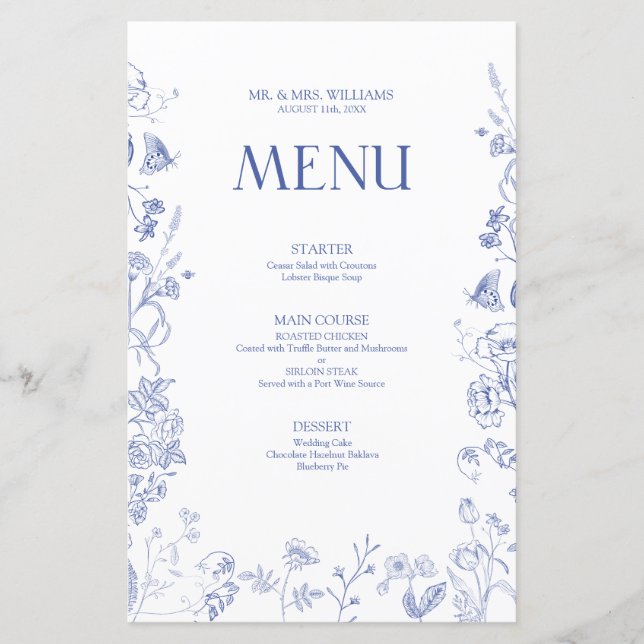 Chinoiserie French Blue Viktorianisch Wedding Menu (Vorderseite)