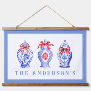 Chinoiserie Ginger Jar mit Red Bow   Weihnachten Wandteppich Mit Holzrahmen