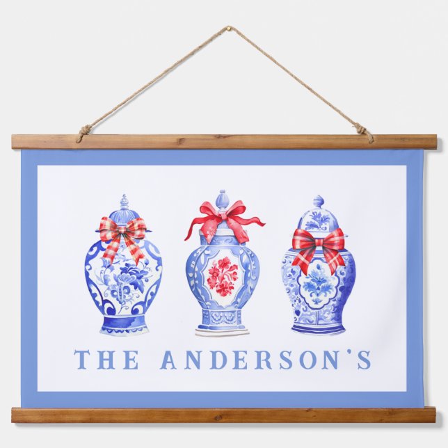 Chinoiserie Ginger Jar mit Red Bow | Weihnachten Wandteppich Mit Holzrahmen (Vorne)