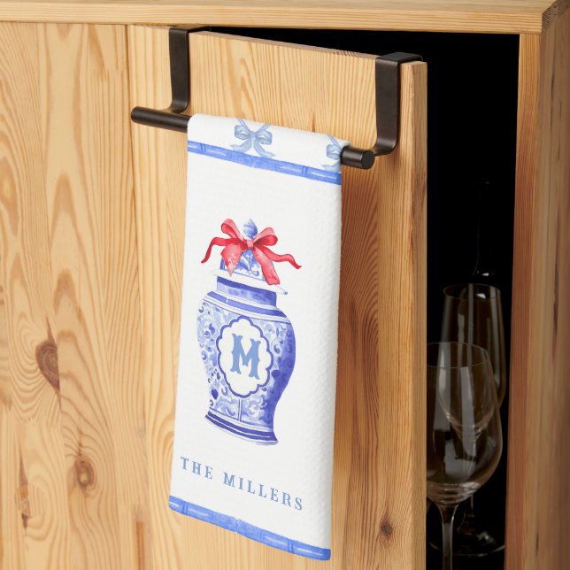 Chinoiserie Ginger Jar Monogram | Red Bow Geschirrtuch (Drittel gefaltet)