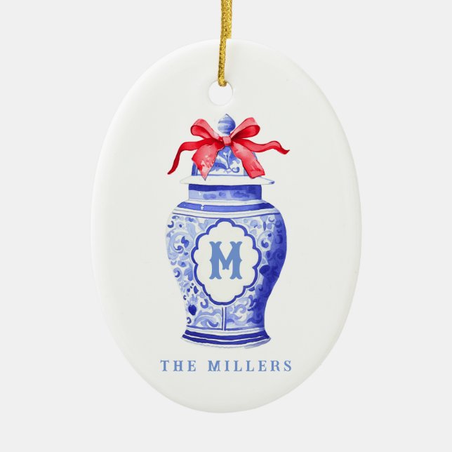 Chinoiserie Ginger Jar Monogram | Red Bow Keramik Ornament (Vorne)