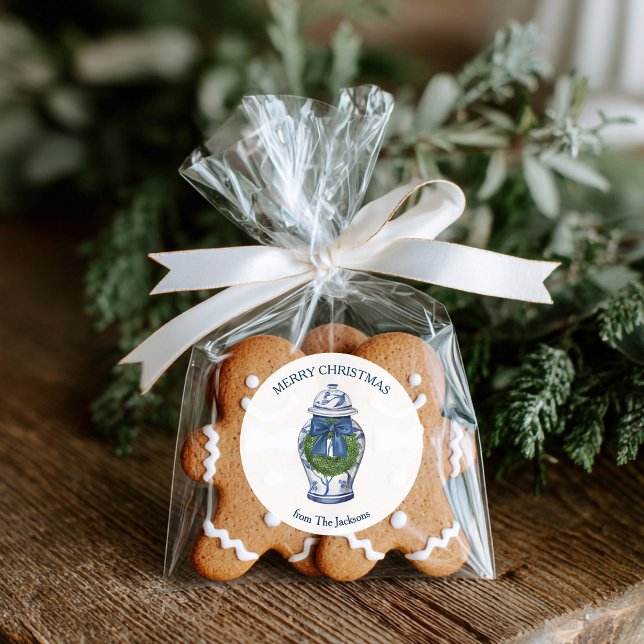 Chinoiserie Ginger Jar Wreath Runder Aufkleber (Chinoiserie Ginger Jar Christmas Sticker)