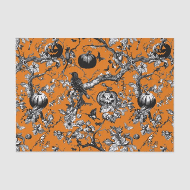 Chinoiserie Halloween Crow & Jack-O-Lantern Muster Seidenpapier (Vorderseite)