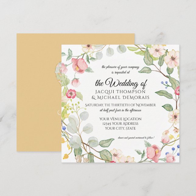 Chinoiserie-Herbst-GoldRoseblumenWatercolor Einladung (Vorne/Hinten)