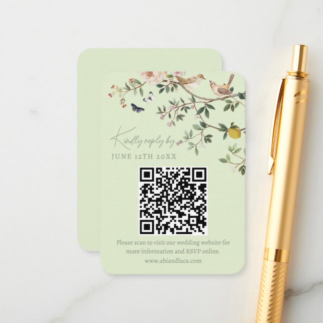 Chinoiserie-Hochzeitswebsite RSVP-QR-Code  Begleitkarte (Vorderseite/Rückseite Beispiel)