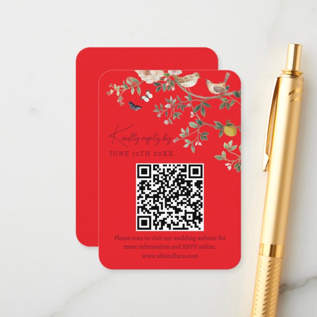 Chinoiserie-Hochzeitswebsite RSVP-QR-Code  Begleitkarte (Vorderseite/Rückseite Beispiel)