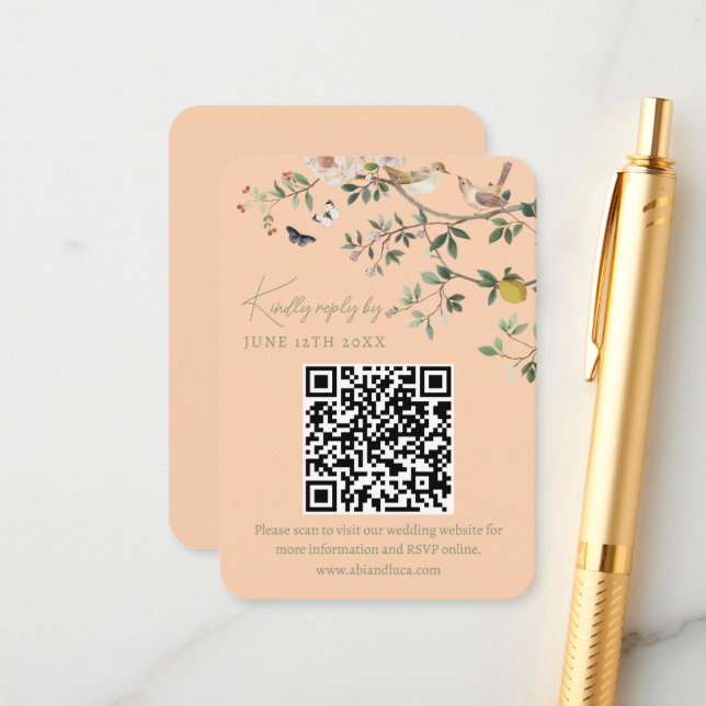 Chinoiserie-Hochzeitswebsite RSVP-QR-Code  Begleitkarte (Vorderseite/Rückseite Beispiel)