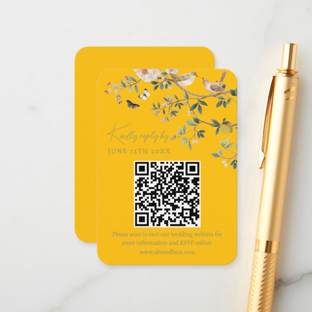 Chinoiserie-Hochzeitswebsite RSVP-QR-Code  Begleitkarte (Vorderseite/Rückseite Beispiel)