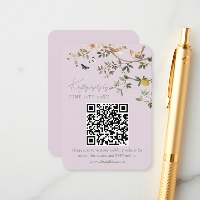 Chinoiserie-Hochzeitswebsite RSVP-QR-Code  Begleitkarte (Vorderseite/Rückseite Beispiel)