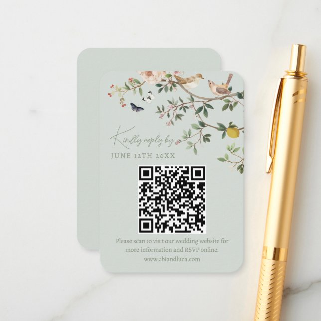 Chinoiserie-Hochzeitswebsite RSVP-QR-Code  Begleitkarte (Vorderseite/Rückseite Beispiel)