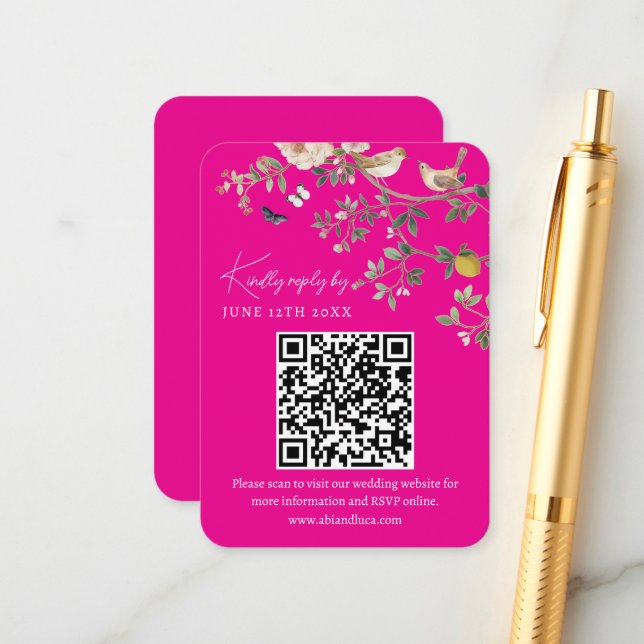 Chinoiserie-Hochzeitswebsite RSVP-QR-Code Begleitkarte (Vorderseite/Rückseite Beispiel)