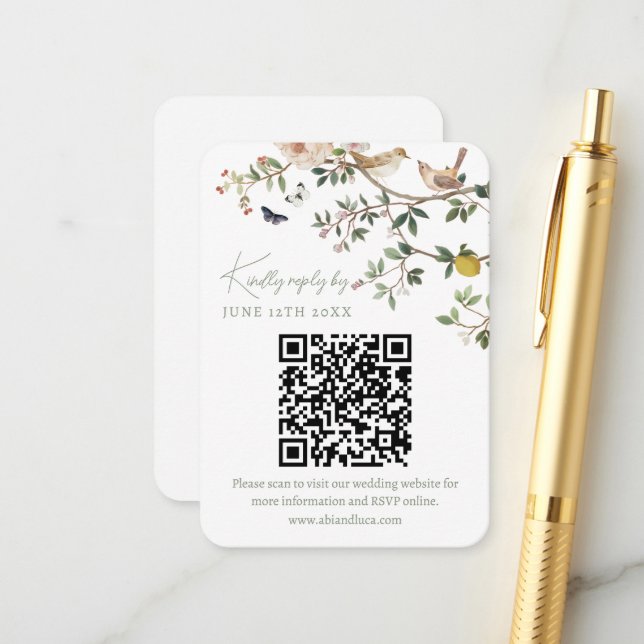 Chinoiserie-Hochzeitswebsite RSVP-QR-Code  Begleitkarte (Vorderseite/Rückseite Beispiel)