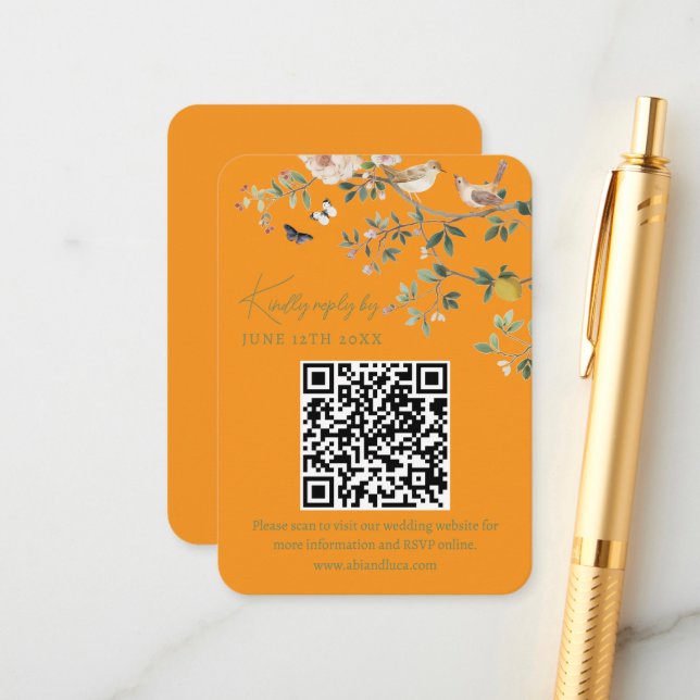 Chinoiserie-Hochzeitswebsite RSVP-QR-Code  Begleitkarte (Vorderseite/Rückseite Beispiel)