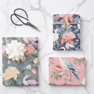 Chinoiserie Jade Pink & Navy Floral Egret Geschenkpapier Set