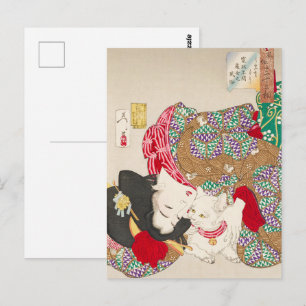 Chinoiserie Japanische Dame & Katze Kimono Kunst Postkarte