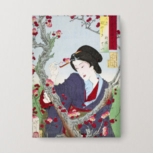 Chinoiserie Japanische Dame & Rote Kirschblüte Button