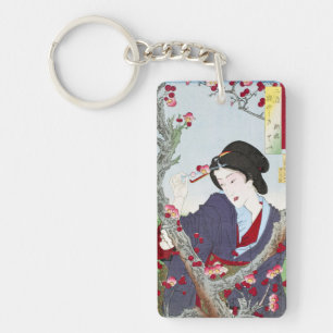 Chinoiserie Japanische Dame & Rote Kirschblüte Schlüsselanhänger