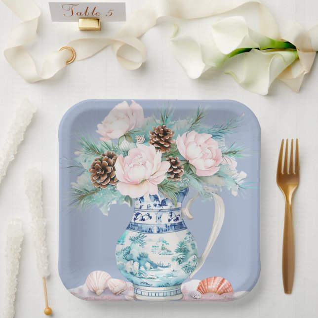 Chinoiserie Jug mit Pinecones und Seashells Pappteller (Hochzeit)