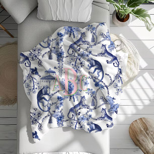 Chinoiserie Jungle Toile   Blau-Weiß-Monogramm Fleecedecke