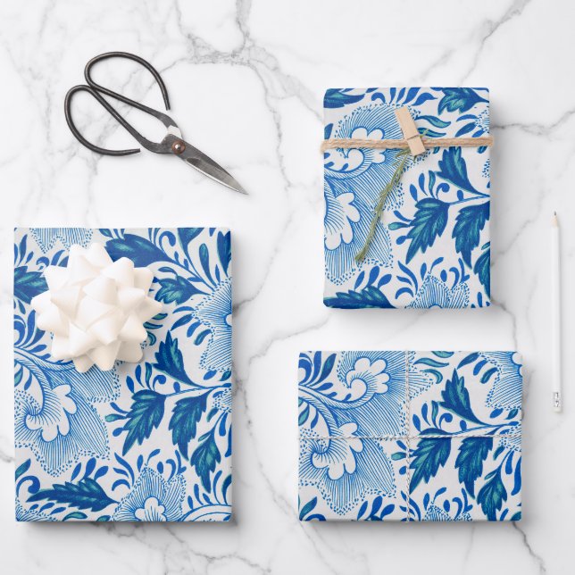 Chinoiserie Klassisches asiatisches Blumenblau Geschenkpapier Set (Vorderseite)