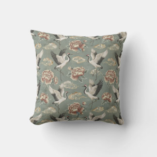 Chinoiserie-Kranich- und Pfingstrosen-Blumendesign Kissen