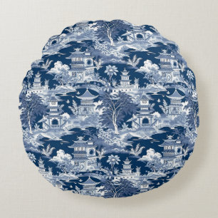 Chinoiserie-Landschaftsmalerei Blau Weiß Rundes Kissen