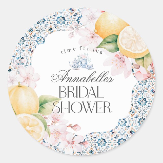 Chinoiserie Lemon Tea Bridal Dusche Einladung Runder Aufkleber (Vorderseite)
