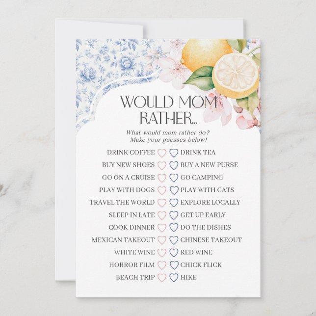 Chinoiserie Lemon Tea Party würde Mama statt Spiel Einladung (Vorderseite)