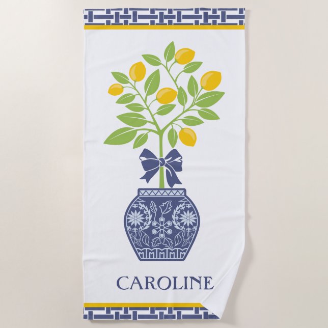 Chinoiserie Lemon Tree Personalisiertes Badetuch (Vorderseite)