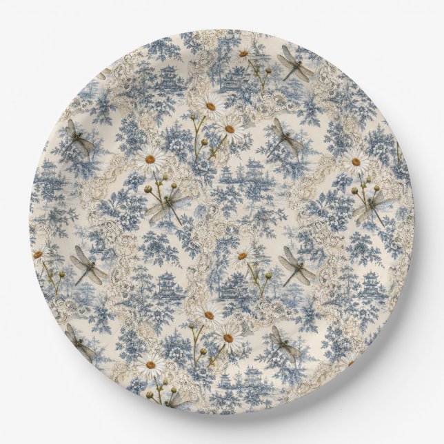 Chinoiserie Libellen, Gänseblümchen und Spitze Pappteller (Vorderseite)
