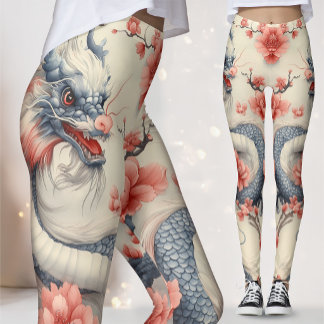 Chinoiserie Lotus Dragon | Blue & Pink Art Leggings