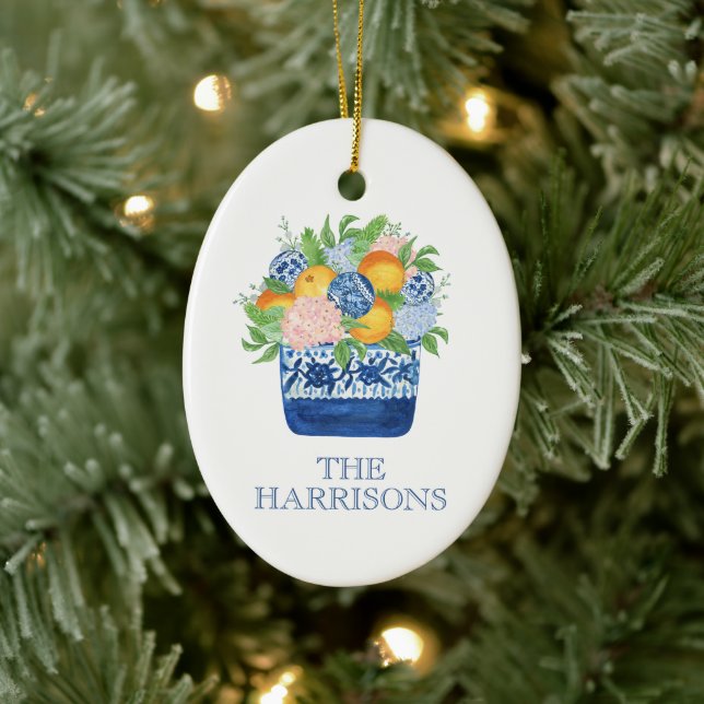 Chinoiserie Mandarins und Hydrangeas Keramik Ornament (Baum)