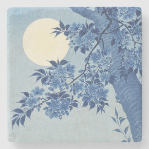 Chinoiserie Marineblaue Kirschblüte & Vollmond Steinuntersetzer