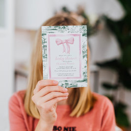 Chinoiserie Monogram Babydusche Pink & Green Bow Einladung