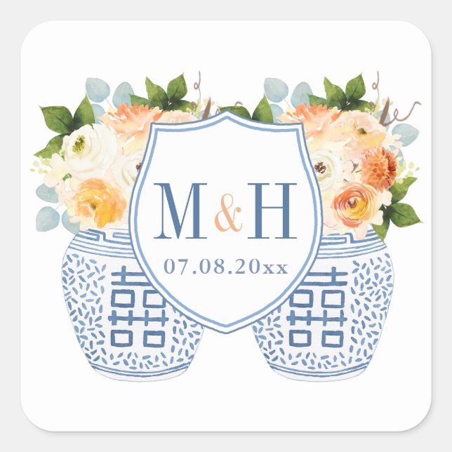 Chinoiserie Monogram Gastgeschenk Hochzeit Herbst Quadratischer Aufkleber (Vorderseite)
