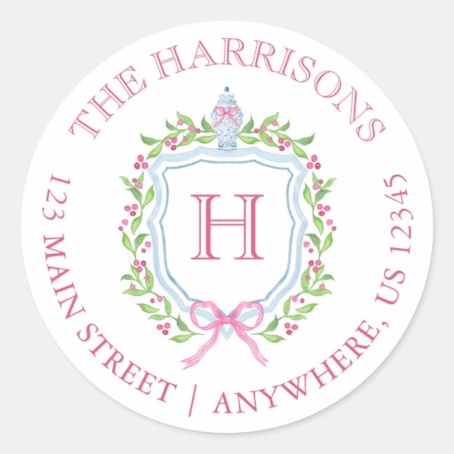 Chinoiserie Monogram Wappen Runder Aufkleber (Vorderseite)