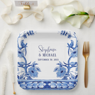 Chinoiserie Navy Blu Floral Bird Brautparty Pappteller