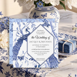 Chinoiserie Navy Blue Peacock Butterfly Hexagon Einladung