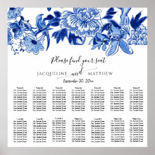 Chinoiserie Navy Blue White Floral Seekarte Poster