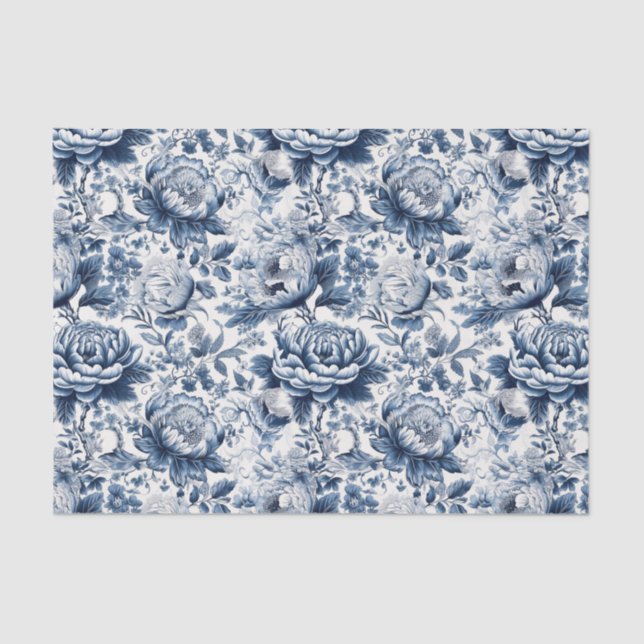 Chinoiserie Navy Blue White Peak Floral Decoupage Seidenpapier (Vorderseite)