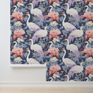 Chinoiserie Navy Blume & Egrets Muster Tapete