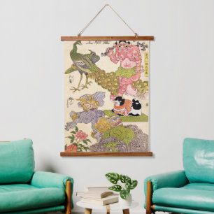 Chinoiserie Oni Pfau Katze & Pfingstrose Druck Wandteppich Mit Holzrahmen