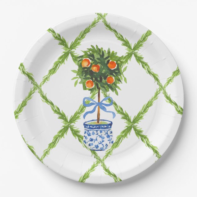 Chinoiserie Orange Citrus Topiary, Grandmillenial Pappteller (Vorderseite)