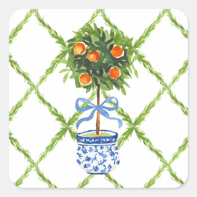 Chinoiserie Orange Citrus Topiary Quadratischer Aufkleber (Vorderseite)