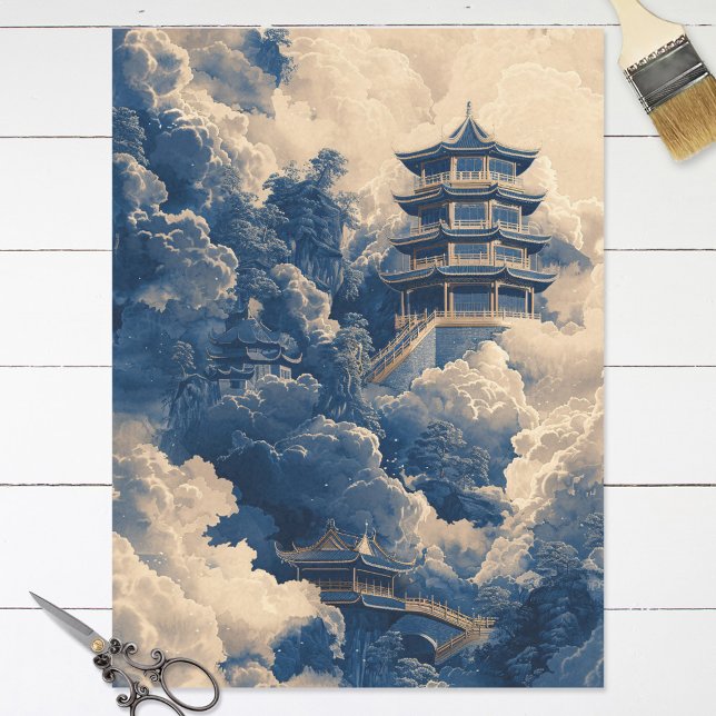 Chinoiserie Oriental Tempel Blue Decoupage Seidenpapier (Von Creator hochgeladen)