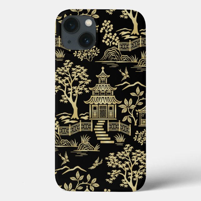 Chinoiserie Pagoda Black and Gold iPhone Case (Rückseite)