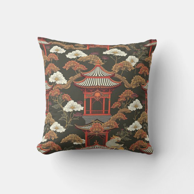 Chinoiserie Pagoda Black Red Kissen (Vorderseite)
