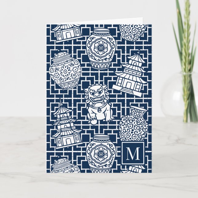 Chinoiserie Pagoda – Navy Preppy Asian Garden (Vorderseite)