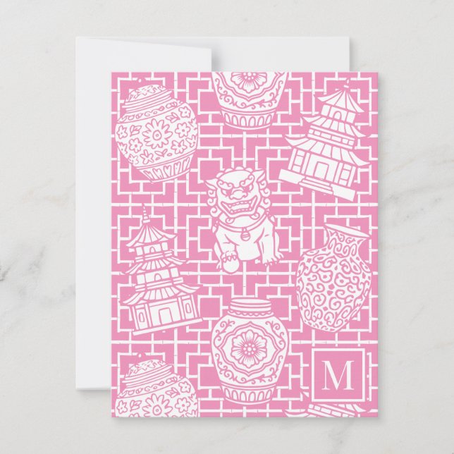 Chinoiserie Pagoda – Pink Preppy Asian Garden Mitteilungskarte (Vorderseite)